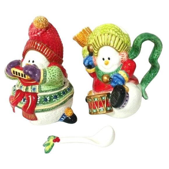 Vtg 2000s Fitz and Floyd Classics Snowman Jamboree Sugar and Creamer with Spoon - Picture 1 of 12